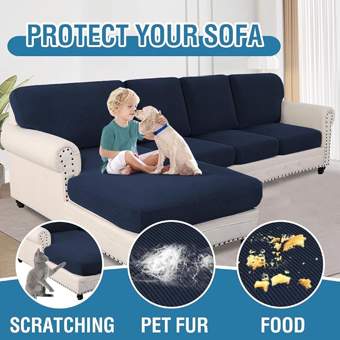 H.VERSAILTEX Sectional Couch Covers 8 Pieces Stretch Sofa Covers for Sectional Sofa Set Separate L Shaped Couch Cover for Both Left/Right Couch (Seat and Back: 1 Chaise + 3 Sofa, Navy) - Image 7