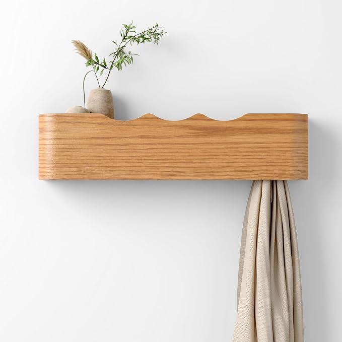 Coat Rack Wall Mount with Hidden Hooks, Wall Hooks with Shelf, Wall Key Holder Mount Wooden Shelf Entryway Hooks for Bedroom Bathroom for Hanging Coats Hats Bags Towels (Oak Wave-Shape, 4 Hooks) by Nevsokio
