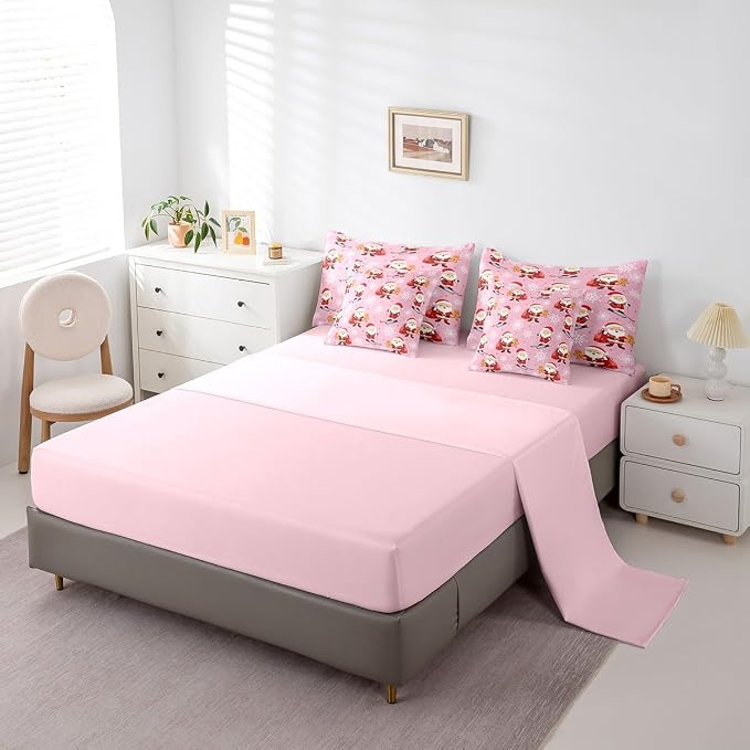 Erosebridal 7Pcs Cute Santa Claus Comforter Set King Size,Xmas Gingerbread Bedding Set for Kids Boys Girls,Christmas Snowboard Snowflake Bed in A Bag,Pink Christmas Quilt with Flat Fitted Sheet - Image 5