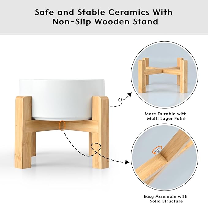 SPUNKYJUNKY Ceramic Elevated Dog Bowls 2 Pack - 5.1inch Raised Dog Bowls with Non-Slip Wooden Stand for Small Dogs Dishwasher Safe(White,13.5OZ*2) - Image 3