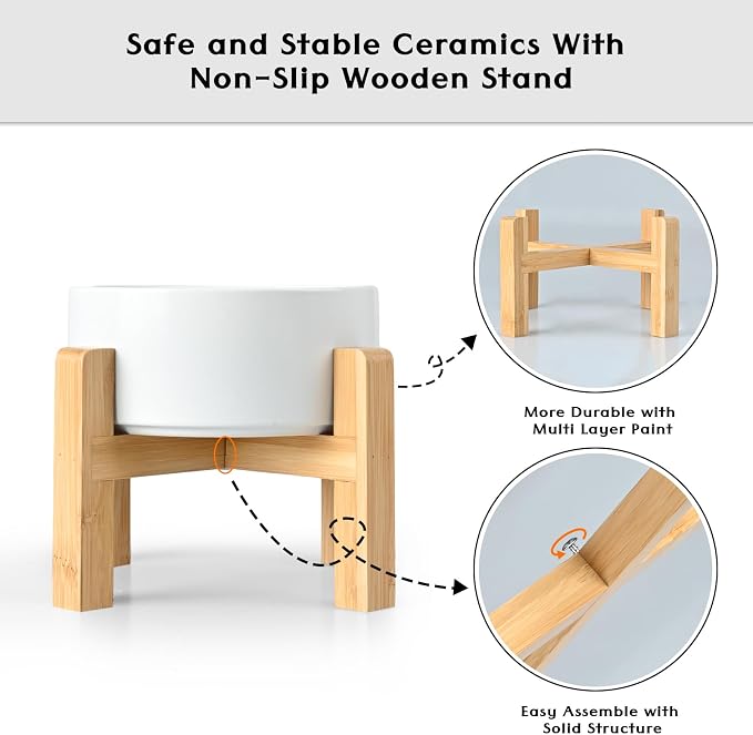 SPUNKYJUNKY Ceramic Elevated Dog Bowls 2 Pack - 8.3inch Raised Dog Bowls with Non-Slip Wooden Stand for Large Dogs Dishwasher Safe(White,60OZ*2) - Image 4