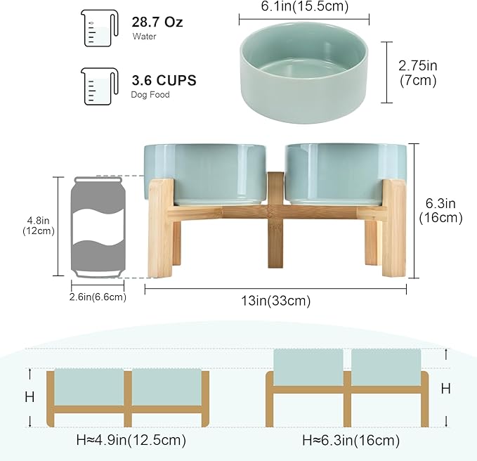 SPUNKYJUNKY Elevated Dog Bowls Ceramic, 6.1'' Dogs and Cat Food Water Bowls Raised with Non-Slip Bamboo Stand for Medium Sized Breed Microwave Dishwasher Safe - 28.7 OZ,Light Green - Image 2