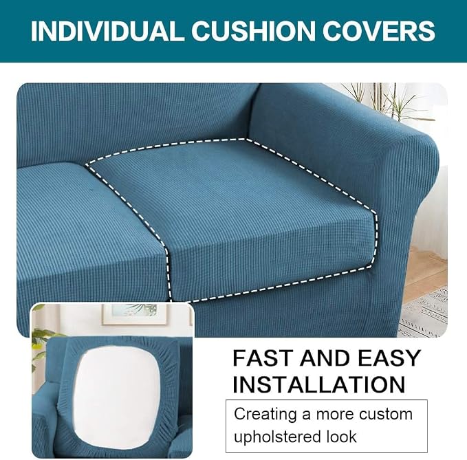 Turquoize 3 Piece Sofa Covers for 2 Cushion Couch Sofa Slipcover Soft Couch Cover for Dogs-Washable Sofa Furniture Covers with 2 Individual Cushion Covers, Thick Fabric (2 Cushion Sofa, Dusty Blue) - Image 5