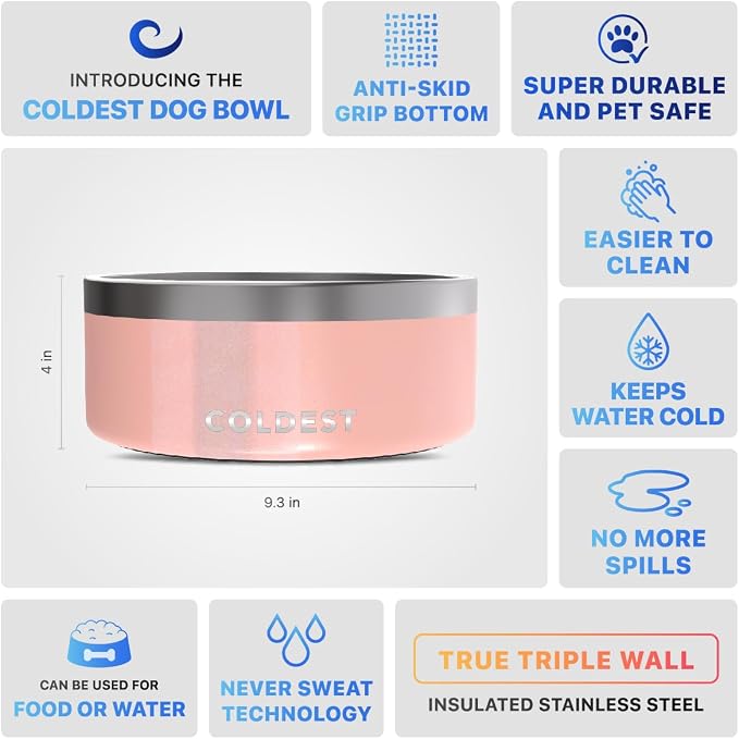 Coldest Dog Bowl - Anti Rust Metal, Non Slip, 3 Layers Insulated Stainless Steel Dog Bowls - Spill Proof & Heavy Duty - Water Bowl for Dogs, Cats, Dish Washer Safe (100 oz, Forever Pink Glitter) - Image 5