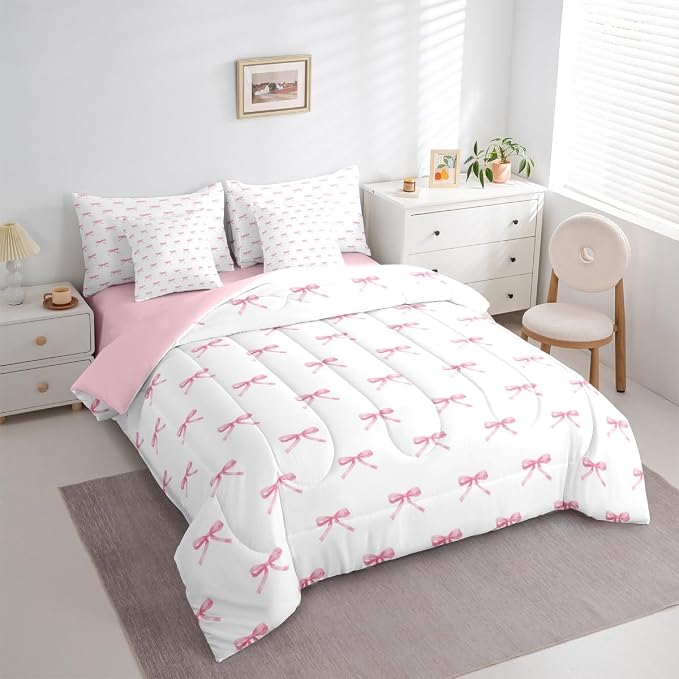 Erosebridal 7 Pieces Pink Bow Comforter King,Kids Cartoon Bowknot Butterfly Knot Princess Bedding Set for Girls,Dreamy Watercolor Ribbons Bow Tie Sheets with Pillowcases + Pillow Covers,Pink White - Image 3