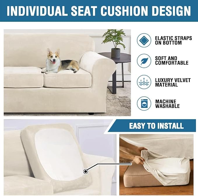 H.VERSAILTEX Modern Velvet Plush 4 Piece High Stretch Sofa Slipcover Furniture Protector Form Fit Luxury Thick Velvet Extra Large Sofa Cover for 3 Cushion Couch Width Up to 105 Inch(XL Sofa, Ivory) - Image 6
