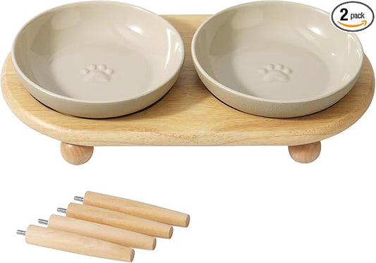 Havniva Elevated Cat Bowls, Raised Ceramic Cat Bowl with Stand, Two Heights | Cat Food & Water Bowl Set, Whisker Friendly, 6” Raised Cat Dishes, Shallow Cat Plates, Non-slip Wood Stand, Kitten Food Bowl by Havniva