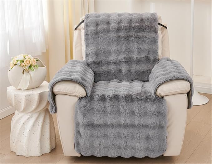 Plush Recliner Slipcover Home Faux Fur Fluffy Recliner Chair Slipcover Non Slip Back Fuzzy Fluffy Reclining Couch Cover Soft Comfort Sofa Slipcover Washable Furniture Protector (Gray) - Image 2