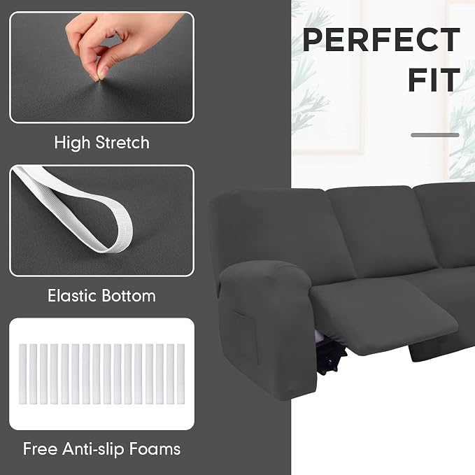 Peryiter 7 Pcs L Shape Sectional Recliner Sofa Covers 5 Seat Sectional Couch Covers Milk Silk Velvet Stretch Reclining Sofa Slipcover Furniture Protector for Living Room(Dark Gray,Milk Silk) - Image 6