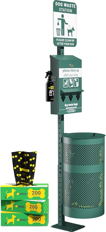 Pet Waste Station - Includes 600 Roll Bags & 50 Can Liners - Original Glow in the Dark Dog Waste Station with Dog Poop Sign, Bag Dispenser, Hand Sanitizer Bottle & Outdoor Trash Can with Lid by UPGORILO