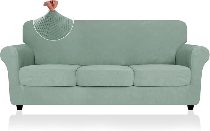 ZNSAYOTX 4 Piece Stretch Sofa Covers (71"-91"), Thick Striped Couch Covers for 3 Cushion Sofa with Elastic Band Bottom Ties Non-Slip Stay in Place, Soft Durable Washable Couch Slipcovers, Pea Green by ZNSAYOTX