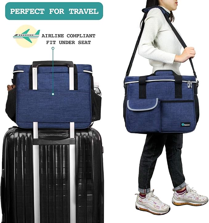 PetAmi Dog Travel Bag Organizer, Pet Travel Kit with 2 Food Containers & 2 Collapsible Dog Bowls, Pet Supplies Tote with Luggage Sleeve, Weekend Road Trip Camping Essentials, Navy Blue, Medium - Image 5
