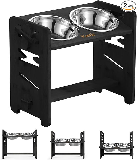 Vantic Elevated Dog Bowls, Raised Dog Bowl Stand Adjustable Medium, Black | Bamboo Elevated Feeder with 2 Stainless Steel Bowls, Adjustable Height Stand for Medium Dogs by Vantic
