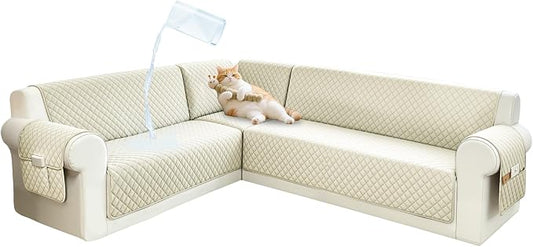 Sectional Couch Covers for Dogs 100% Waterproof Corner L Shaped Sofa Cover Pet Friendly Velvet Washable Anti Slip L Shape Modular Sofa Slipcover Protector with Pockets (Cream, XL Plus) by SYJOVIA