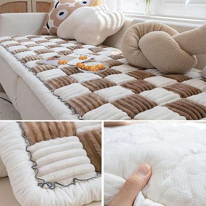 Fluffy Couch Cover for Pets - Large Cream-Coloured Fuzzy Plaid Square Pet Mat Bed Couch Protector - Bay Window Cushion Bedside Carpet (Brown, 23.6 * 70.9in) - Image 3