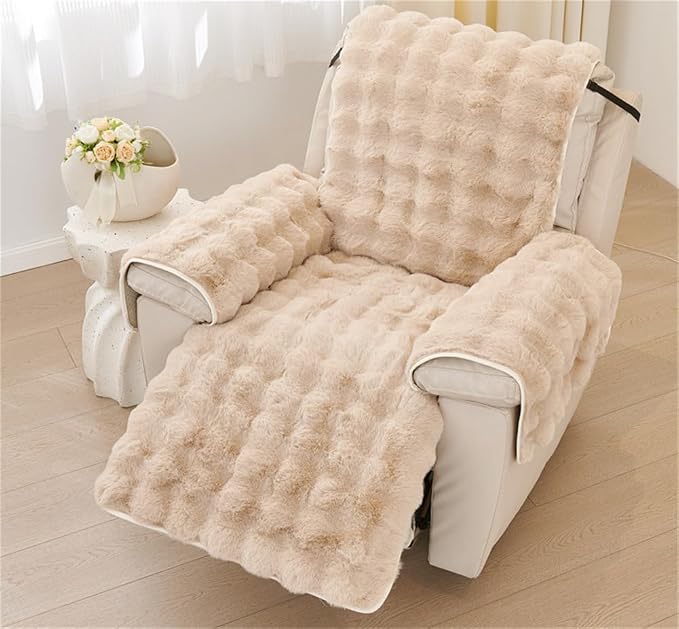 Plush Recliner Slipcover Home Faux Fur Fluffy Recliner Chair Slipcover Non Slip Back Fuzzy Fluffy Reclining Couch Cover Soft Comfort Sofa Slipcover Washable Furniture Protector (Camel) - Image 3