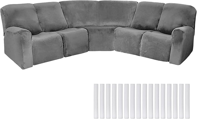 Peryiter 7 Pcs L Shape Sectional Recliner Sofa Covers 5 Seat Sectional Couch Covers Milk Silk Velvet Stretch Reclining Sofa Slipcover Furniture Protector for Living Room(Dark Gray,Velvet) by Peryiter