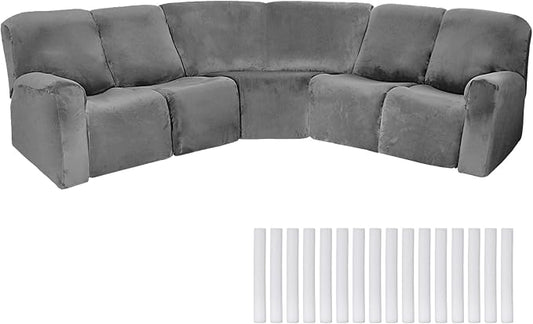 Peryiter 7 Pcs L Shape Sectional Recliner Sofa Covers 5 Seat Sectional Couch Covers Milk Silk Velvet Stretch Reclining Sofa Slipcover Furniture Protector for Living Room(Dark Gray,Velvet) by Peryiter