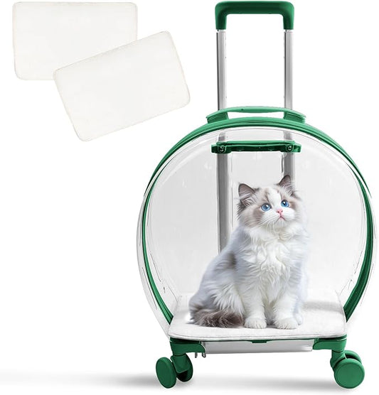 Pet Carrier with Wheels - Transparent PC Material, Sturdy and Breathable Design, Convenient Handle, Suitable for Cats and Dogs (Green)