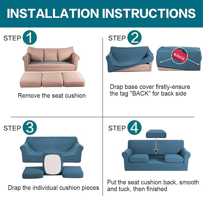 Turquoize 4 Piece Sofa Covers For 3 Cushion Couch Sofa Slipcover Soft Couch Cover For Dogs-Washable Sofa Furniture Covers With 3 Individual Cushion Covers, Jacquard Fabric (3 Cushion Sofa, Dusty Blue) - Image 6