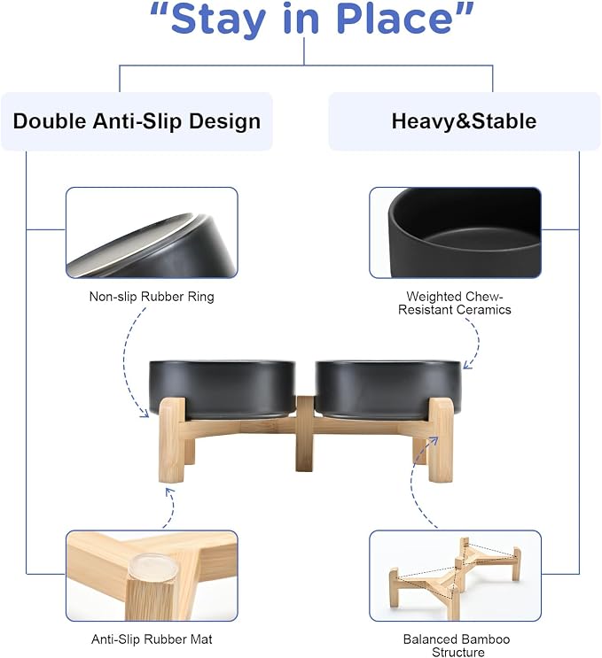 SPUNKYJUNKY Elevated Dog Bowls Ceramic, 5.1'' Dogs and Cat Food Water Bowls Raised with Non-Slip Bamboo Stand for Puppy Small Sized Breed Microwave Dishwasher Safe - 13.5 OZ,Black - Image 4