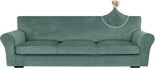 XINEAGE 4-Piece Velvet Oversize Sofa Cover,Couch Covers for Dog,Light Green | 3 Cushion Large Sofa,Stretch Non-slip Elastic, Pet-friendly, Washable, Fast Setup, Soft Plush Fabric, Furniture Protector. by XINEAGE