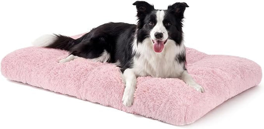 JOEJOY Large Dog Bed Crate Pad, Deluxe Plush Washable Dog Beds Fulffy Soft Kennel Pad Anti-Slip Pet Sleeping Mat for Large Medium Small Dogs, 35" x 23", Pink by JOEJOY