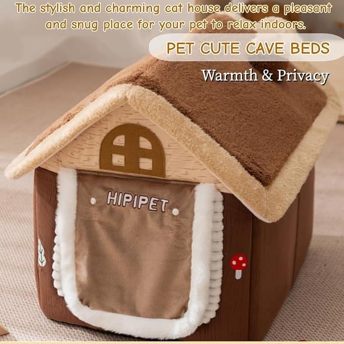 Mushroom Cat Bed for Indoor Cats, Cat Cave Bed with Door Curtain, Foldable Dog House with Reversible Cushion, Covered Pet Bed for Cats Small Dogs (Brown, L-19.2 * 15.3 * 18in) - Image 5