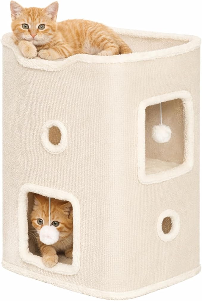 Cat House, Cat Beds for Indoor Cats, 2-Story Cat Condo Cube | Cat Bed Cave with Scratch Pad and Fluffy Ball Hanging, Multi-Level Cozy Hideout Center Ideal for Small/Medium Cats by Hannadepot