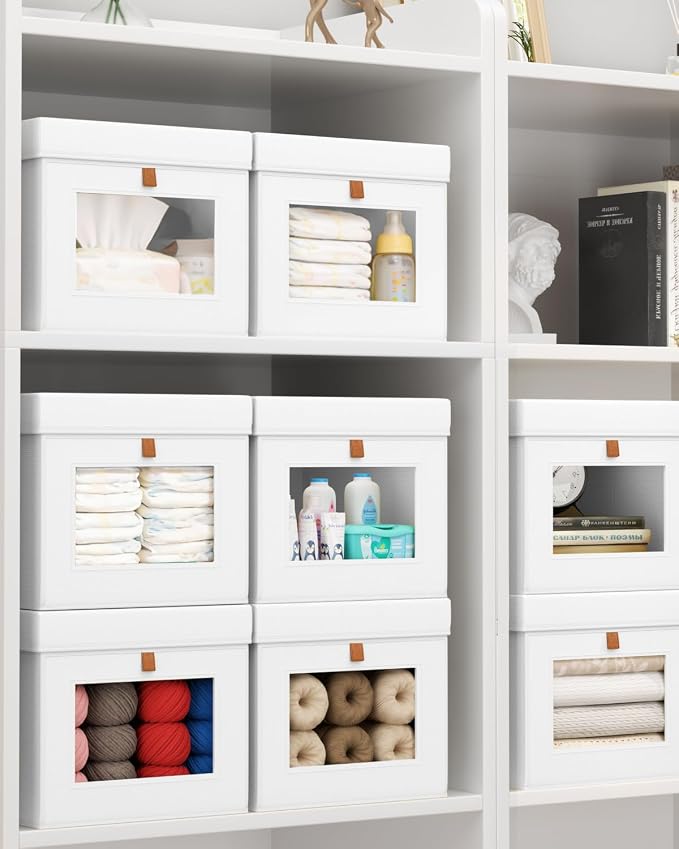 Homsorout Storage Bins with Lid – Closet Organizer with Side Opening and Clear Window, Foldable Stackable Fabric Basket for Clothes, Home, Office - 13.77" x 11.8" x 9.8", 3 Pack, White - Image 6