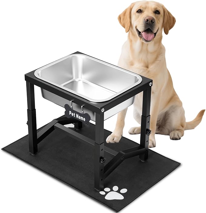 2 Gallon Elevated Large Dog Water Bowl, 4 Adjustable Height 10.5-15.8'' Raised Stainless Steel Bowl Stand with Anti-Slip Mat for Large Breed, Metal Dog Feeding Station for Relief Joint Pressure by FLODOMIXHOME