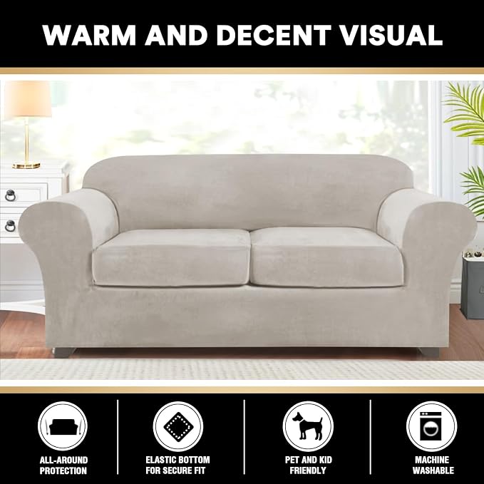 PrinceDeco Couch Cover Velvet Plush Sofa Covers for 2 Cushion Couch Width Up to 90 Inch Washable Furniture Protector Pet Friendly No Slip Sofa Slipcover(Medium-Large, Oatmeal) - Image 8