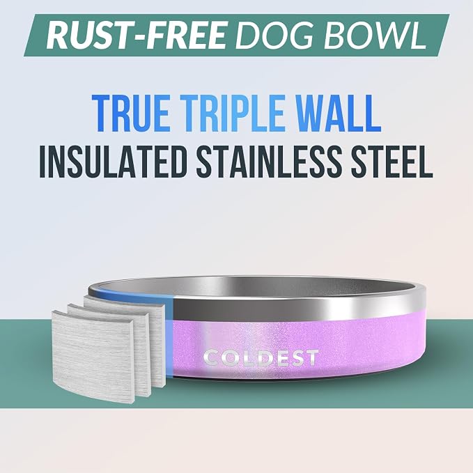 Coldest Dog Bowl - Anti Rust Metal, Non Slip, 3 Layers Insulated Stainless Steel Dog Bowls - Spill Proof & Heavy Duty - Water Bowl for Dogs, Cats, Dish Washer Safe (21 oz,Saturn's Moon Purple Glitter) - Image 3