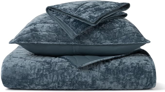 EverGrace Luxury Wave Crushed Velvet Quilt Set, King Size, Stormy Blue | Luxurious Soft, Lightweight Velvet Comforter, Cozy Plush Oversized Bedspread Coverlet for All Season, with 2 Shams - Image 9