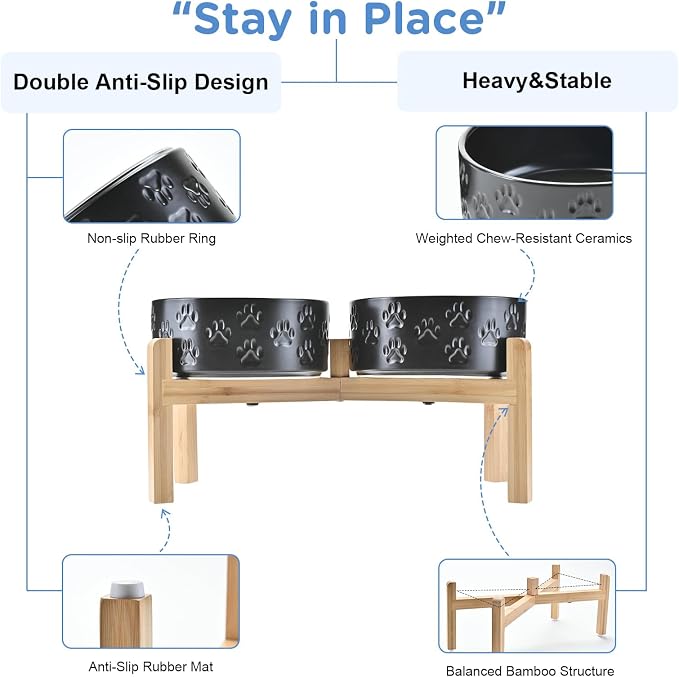 SPUNKYJUNKY Elevated Dog Bowls Ceramic, 7.3'' Dogs Food Water Bowls Raised with Non-Slip Bamboo Stand for Medium to Large Sized Breed Microwave Dishwasher Safe - 42 OZ,Paw Black - Image 4
