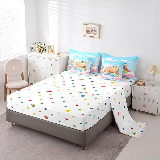 Erosebridal Kids Cute Capybara 7-Piece Bedding Set Full Size, Rainbow Comforter Set with Sheets for Bedroom, Kawaii Aninal Bed in A Bag, Cartoon Cloud Bedroom Decor - Image 4