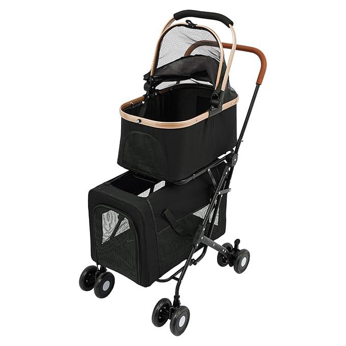 Double Dog Stroller with 4 Wheels, Foldable 3-in-1 Cat Pet Stroller with 2 Detachable Carriers,Reversible Handle, Steel Frame, Safety Belt for Small Medium Dogs Cats(Black)