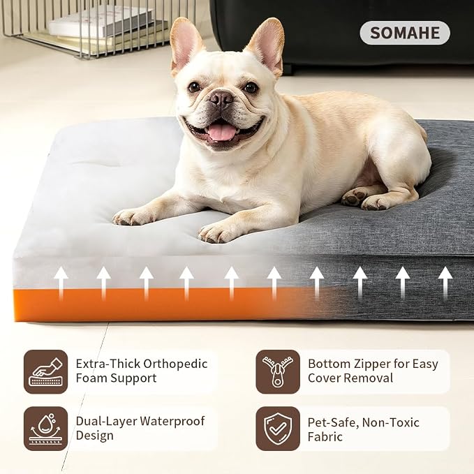 SOMAHE Waterproof Orthopedic Dog Bed, Washable, Medium 27.6x20x4 Dark Gray | Indoor/Outdoor Ready: washable Oxford cover, TPU liner, 45D support for crates, car rides, patios, and porches. - Image 5