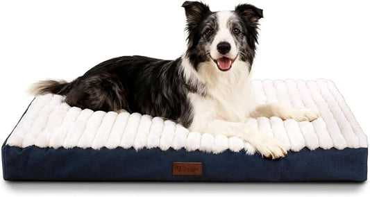 Orthopedic Dog Bed for Large Dogs, Firm Egg Crate Foam, Non-Slip Bottom | Machine Washable Cover, Plush Faux Rabbit Fur Top, Pet Beds for Crate, Floor & Car, Up to 50 lbs, Blue, 35"L x 22"W x 3"H by VERABE