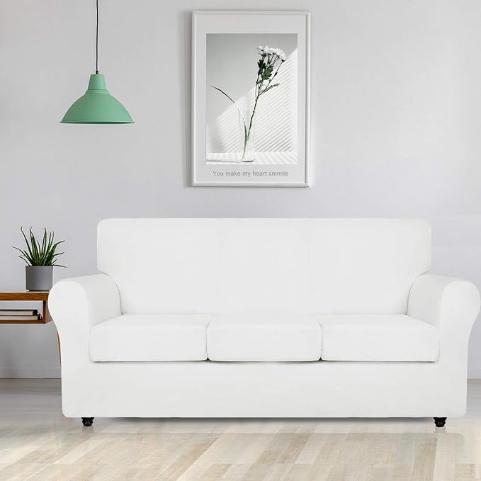 ZNSAYOTX Oversized Velvet Couch Cover 4 Piece (92"-115") Stretch Sofa Covers for 3 Cushion Couch Thick Soft XL-Slipcover with Non Slip Strap, Dog Pet Friendly Nice Furniture Protector (White) - Image 2