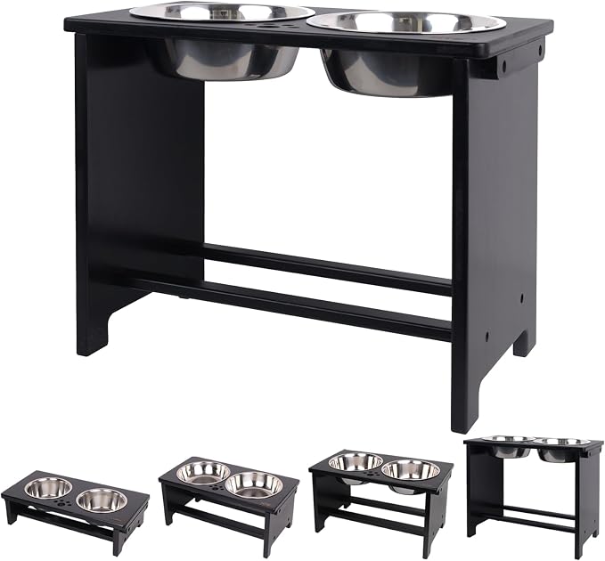 HTB Elevated Dog Bowl Stand with 2 Stainless Steel Bowls-14 H X-Large Black | Raised Dog Bowl Stand, 14"tall, 48 Oz Bowls, for Large Sized Dogs, Pet-safe, Solid Bamboo by HTB