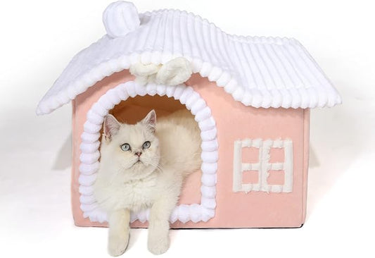 Jiupety Rabbit Cat Houses for Indoor Cats, Chimney Cute Cat Bed Cave, Enough Interior Space, Cartoon Soft Pet House Up to 3-7 lbs Kitten, Pink by JIUPETY