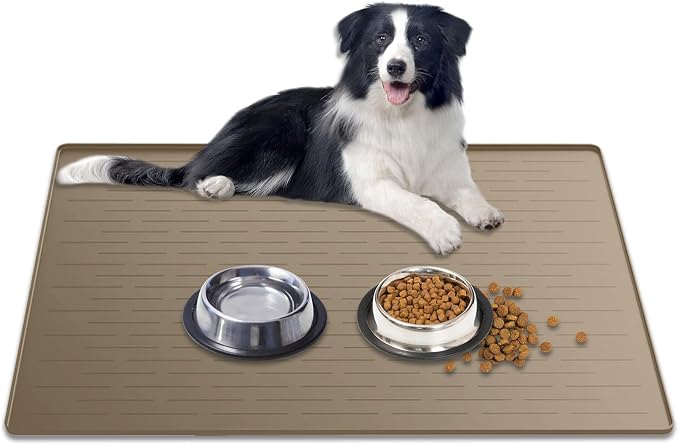 Large Dog Mat for Food and Water, 31.8"x23.8" Silicone Pet Feeding Mats, Waterproof Dog Bowl Mat with High Edges to Prevent Water and Food Spills, Brown by Goldleaf