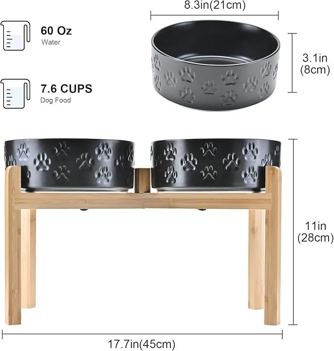 SPUNKYJUNKY Elevated Dog Bowls Ceramic, 8.3'' Dogs Food Water Bowls Raised with Non-Slip Bamboo Stand for Large Sized Breed Microwave Dishwasher Safe - 60 OZ,Paw Black - Image 2