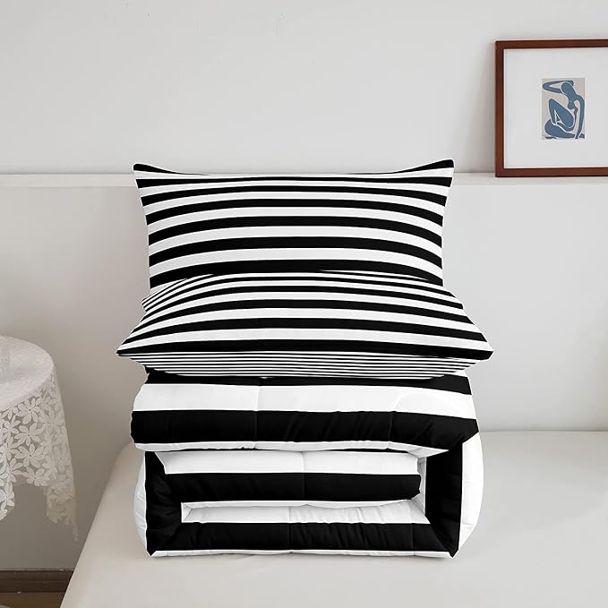 Striped Comforter Set Black and White Stripe Bedding Set King Kids Boys Girls Women Men Farmhouse Ticking Stripes Duvet Set Modern Geometric Lines Adults Abstract Gothic Home Decor Soft Reversible - Image 4