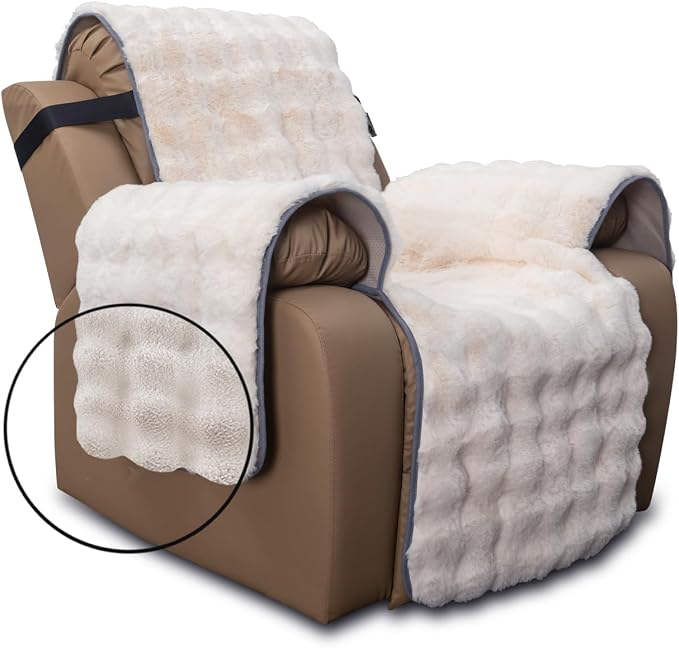 Plush and Fuzzy Shaggy Couch Cover, Dog Pad Faux Fur Sofa Cover, Water Resistant Slipcover, Non-Slip Furniture Protector for Kids,Dogs,Cats.(White-Bubble, Large Recliner) by SNUGGLESINTO