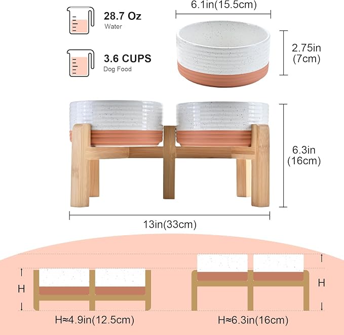 SPUNKYJUNKY Elevated Dog Bowls Ceramic, 6.1'' Dogs and Cat Food Water Bowls Raised with Non-Slip Bamboo Stand for Medium Sized Breed Microwave Dishwasher Safe - 28.7 OZ,Pattern White - Image 2
