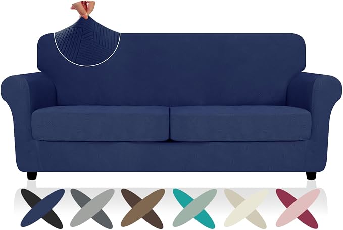 ZNSAYOTX 3 Piece Stretch Sofa Covers (71"-91") for 2 XL Cushion Couch, Thick Striped Sofa Cover with Elastic Band Bottom Ties Non-Slip Stay in Place, Soft Durable Couch Slipcovers, Navy Blue by ZNSAYOTX