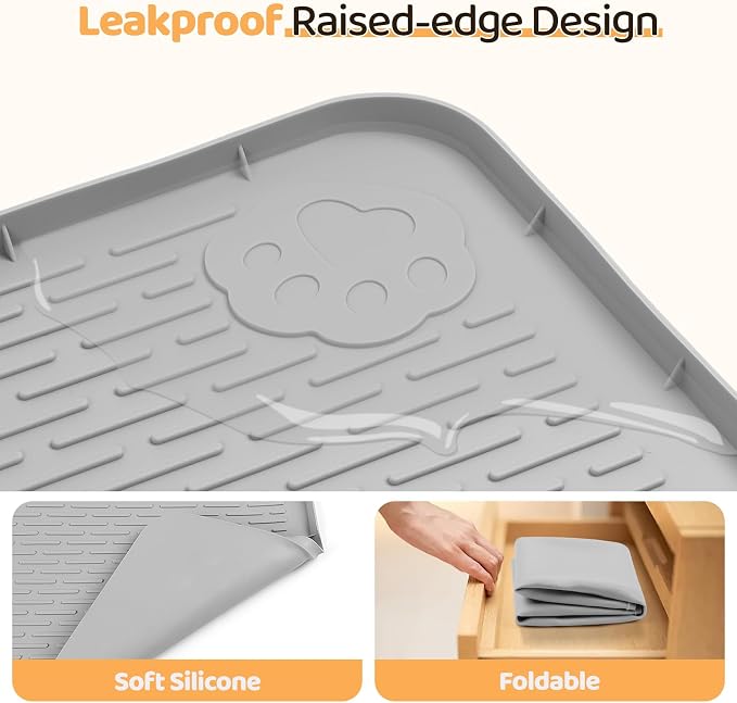 Dog Food Mat 40''x28'' Extra Large Dog Mat for Food and Water, Light Grey | Silicone Dog Bowl Mat with Raised Edge, Waterproof Non-Slip Pet Feeding Mat for Floors, fit for Dog Cat Bowls - Image 3