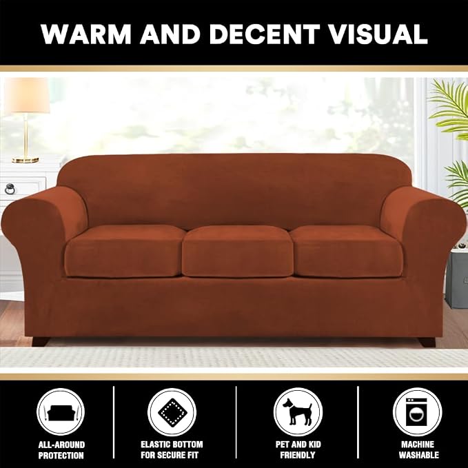 PrinceDeco Velvet Couch Covers for Sofa Soft 4 Pieces Couch Covers for 3 Cushion Couch Sofa Pet Friendly Furniture Protector with Non Slip Elastic Bottom Width Up to 90 Inch (Large, Rust) - Image 6